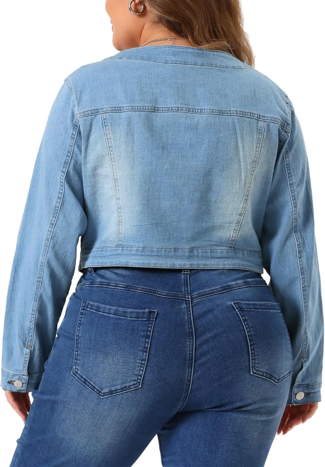 Agnes Orinda Plus Size Denim Jackets for Women Collarless Chest Pockets Button Down Crop Jean Jackets