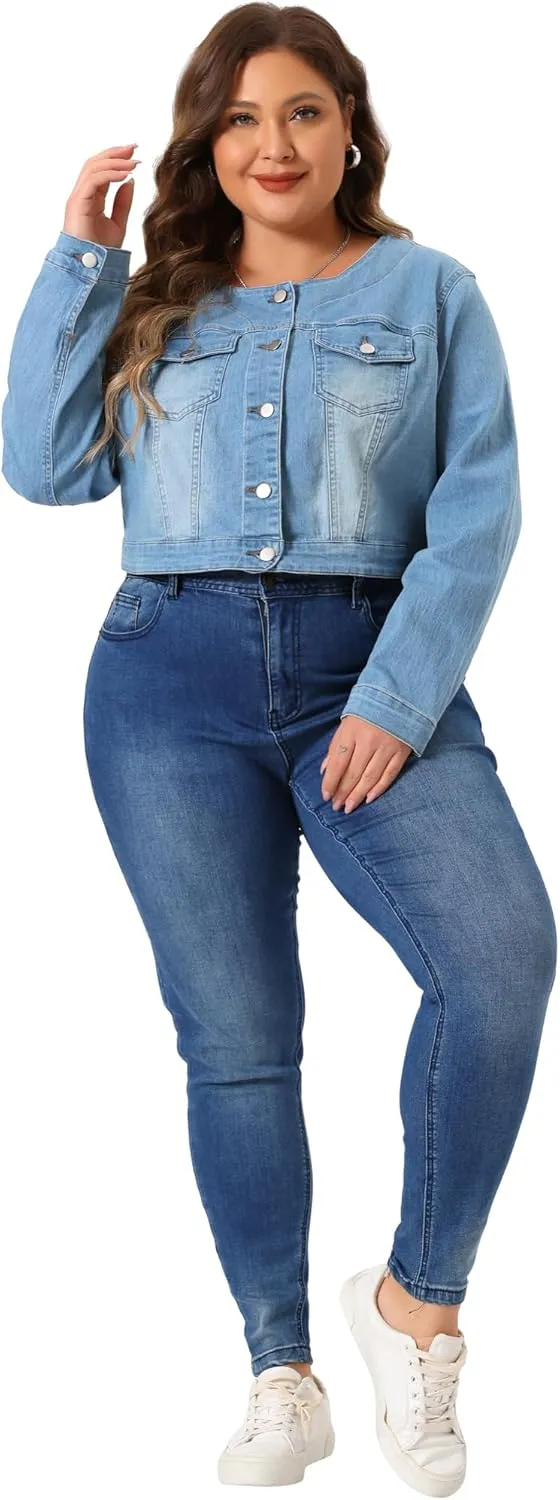 Agnes Orinda Plus Size Denim Jackets for Women Collarless Chest Pockets Button Down Crop Jean Jackets