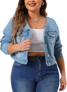 Agnes Orinda Plus Size Denim Jackets for Women Collarless Chest Pockets Button Down Crop Jean Jackets