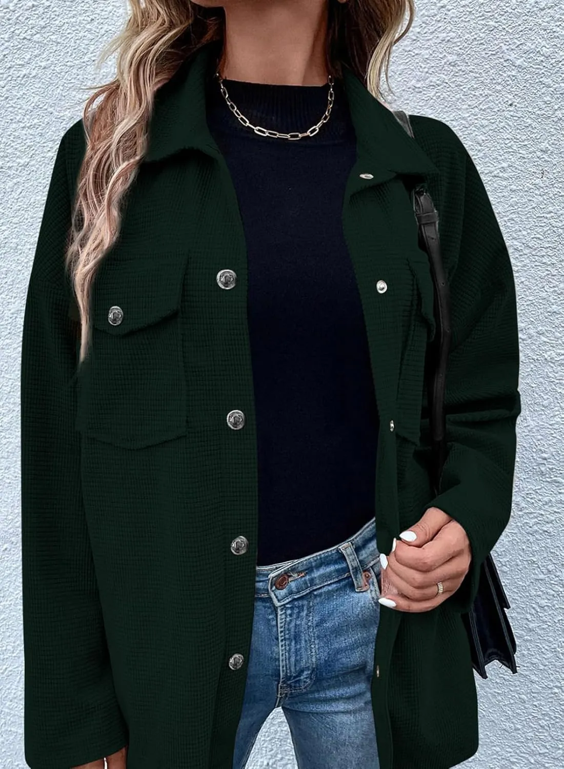 Astylish Womens Waffle Knit Long Shacket Jacket Oversized Casual Blouses Button Down Collared Dressy Shirts