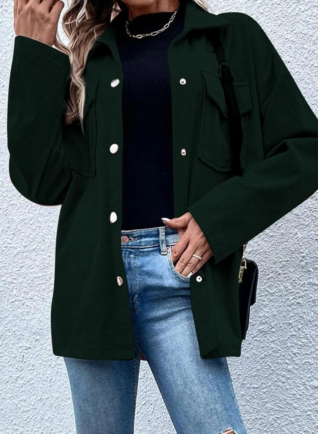 Astylish Womens Waffle Knit Long Shacket Jacket Oversized Casual Blouses Button Down Collared Dressy Shirts