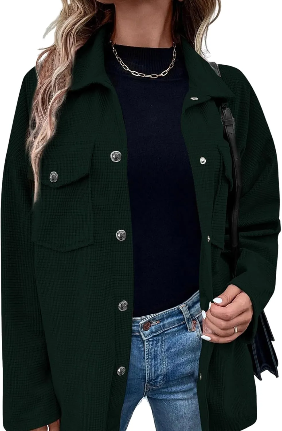 Astylish Womens Waffle Knit Long Shacket Jacket Oversized Casual Blouses Button Down Collared Dressy Shirts