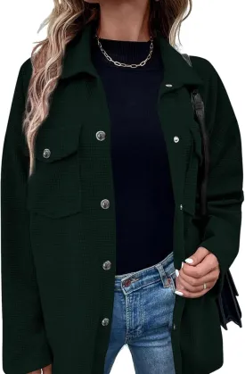 Astylish Womens Waffle Knit Long Shacket Jacket Oversized Casual Blouses Button Down Collared Dressy Shirts