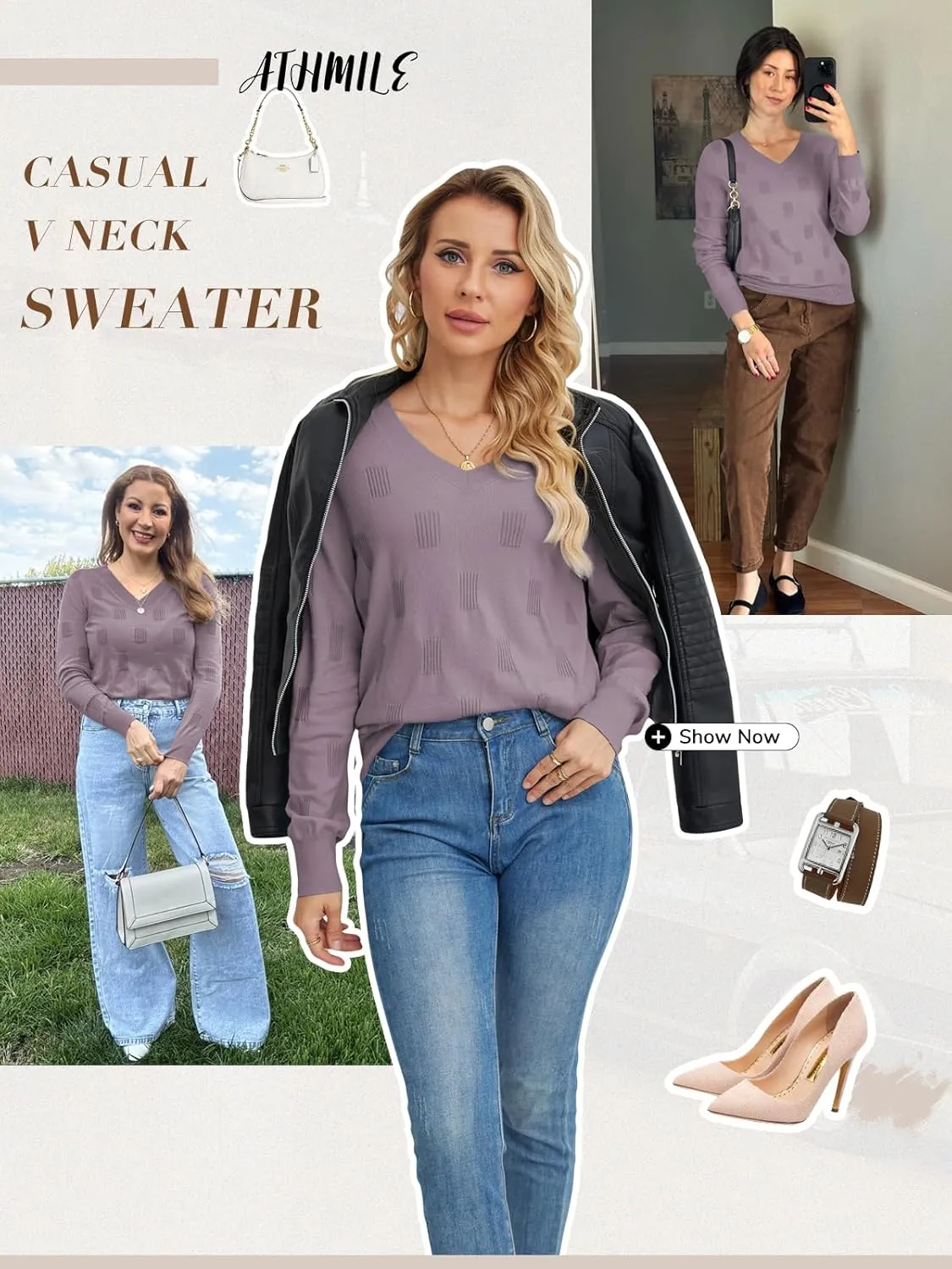 ATHMILE Women's Fall Tops 2025 Fashion Trendy Pullover Sweater V Neck Long Sleeve Shirt Knit Blouse Clothes Outfits