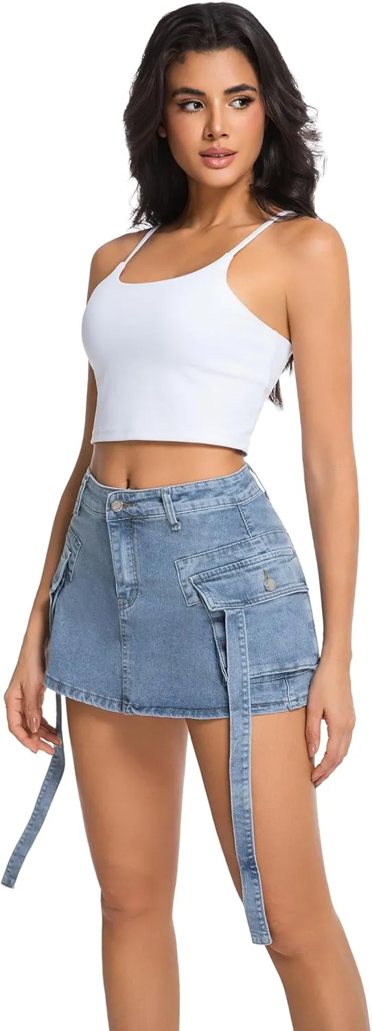 Denim Skorts Skirts for Women High Waist High Stretchy Cargo Mini Y2K Pockets Jean Skirt with Shorts