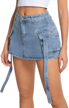 Denim Skorts Skirts for Women High Waist High Stretchy Cargo Mini Y2K Pockets Jean Skirt with Shorts