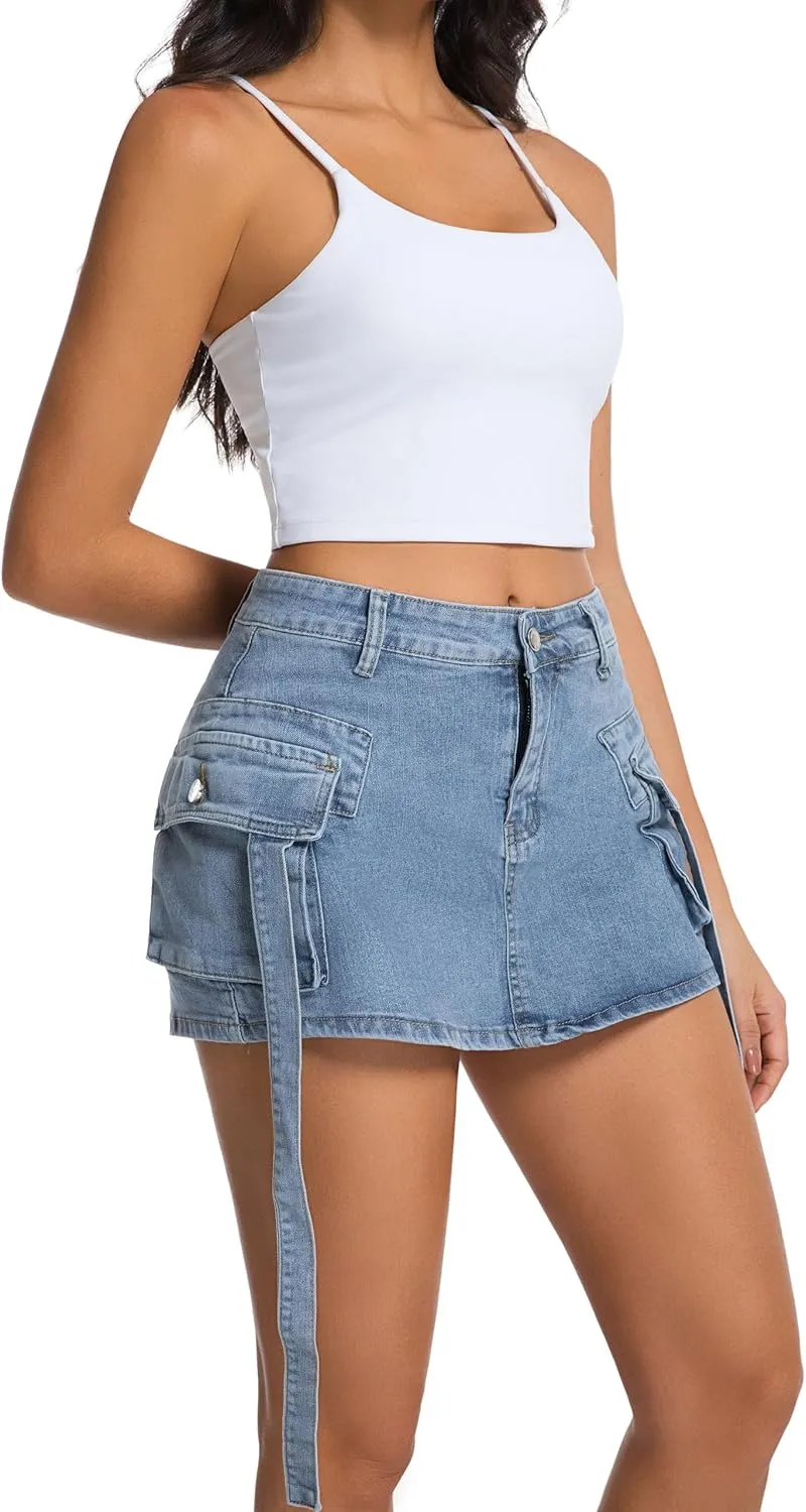 Denim Skorts Skirts for Women High Waist High Stretchy Cargo Mini Y2K Pockets Jean Skirt with Shorts
