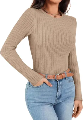 Ekouaer Womens Long Sleeve Ribbed Shirts Trendy Fitted Tops Thermal Under Scrub Crew Neck Soft Fleece Basic Layering