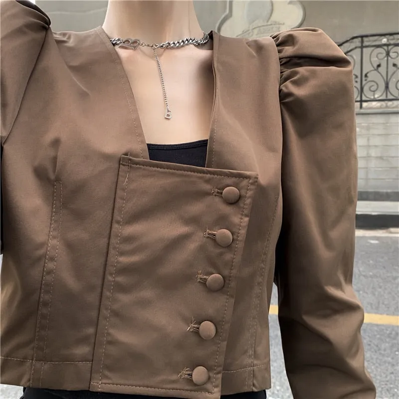 Elegant Women Shirts Autumn Fashion Square Collar Korean Puff Sleeve High Waist Crop Tops Single Breasted Female Shirt