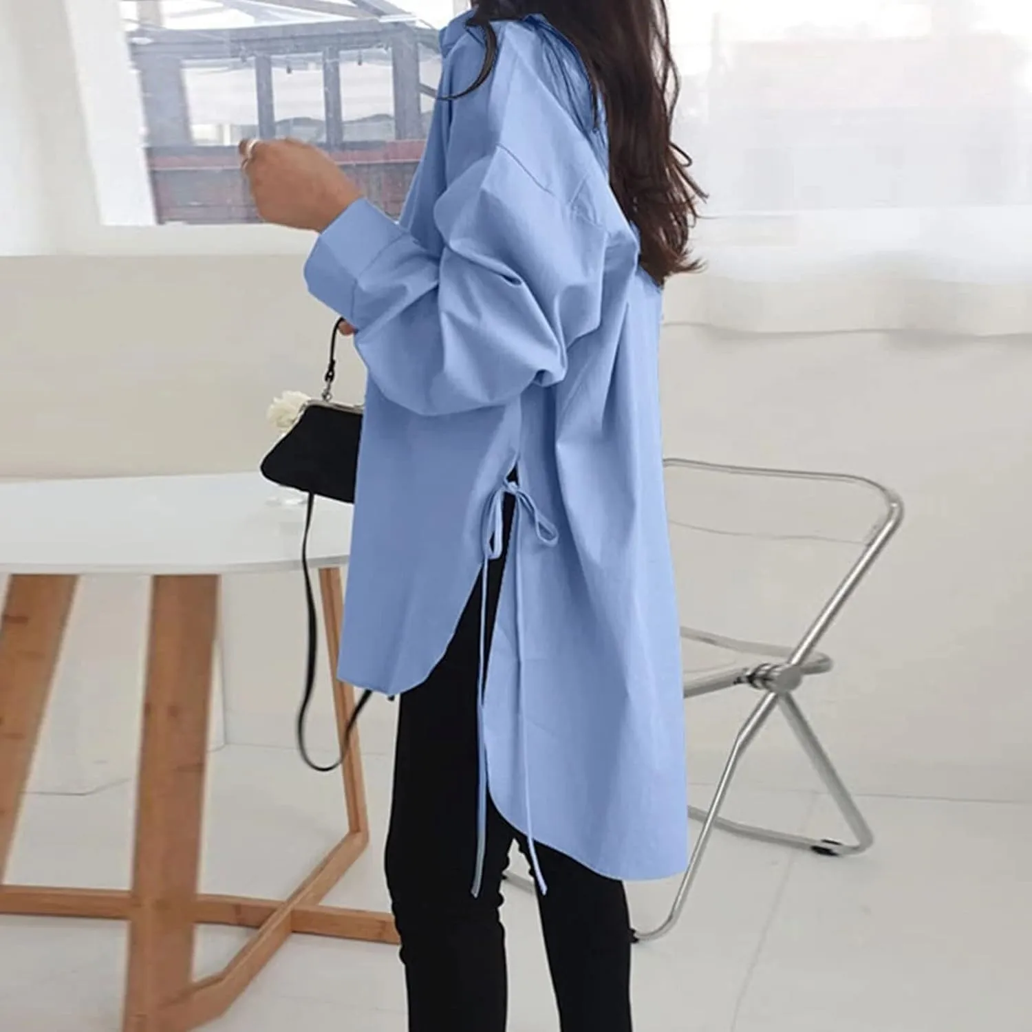 Generic Womens Long Sleeve Blouses Fashion Casual Solid/Printed Blouses & Button-Down Shirts Lapel Loose Type Womens Tops