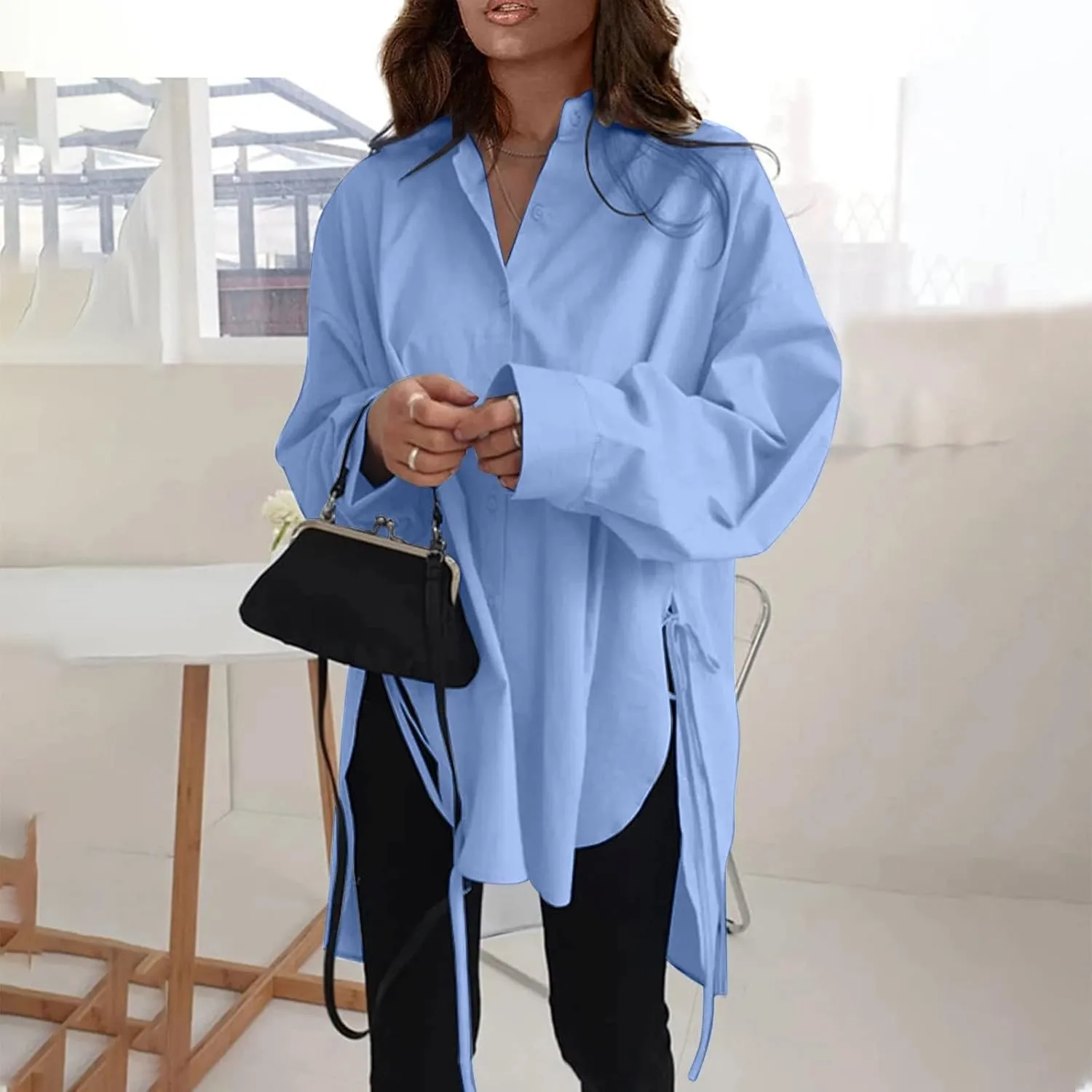 Generic Womens Long Sleeve Blouses Fashion Casual Solid/Printed Blouses & Button-Down Shirts Lapel Loose Type Womens Tops