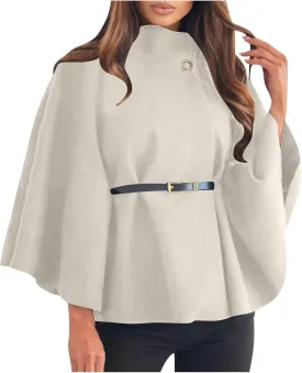 HGps8w Winter Coats for Women Elegant Stand Collar Wool Blend Batwing Poncho Cape Jacket Outerwear with Belt