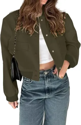 imbpceu Women Bomber Jacket Casual Long Sleeve Button Down Varsity Jackets with Pockets