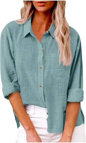 Linen Shirts for Women Summer Long Sleeve Lapel Button Down Shirt Lightweight Gauze Tops Loose Casual Blouses