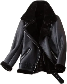 LY VAREY LIN Women's Faux Shearing Moto Jacket Thick Lined Parka Winter Shearling Coat Leather Jacket