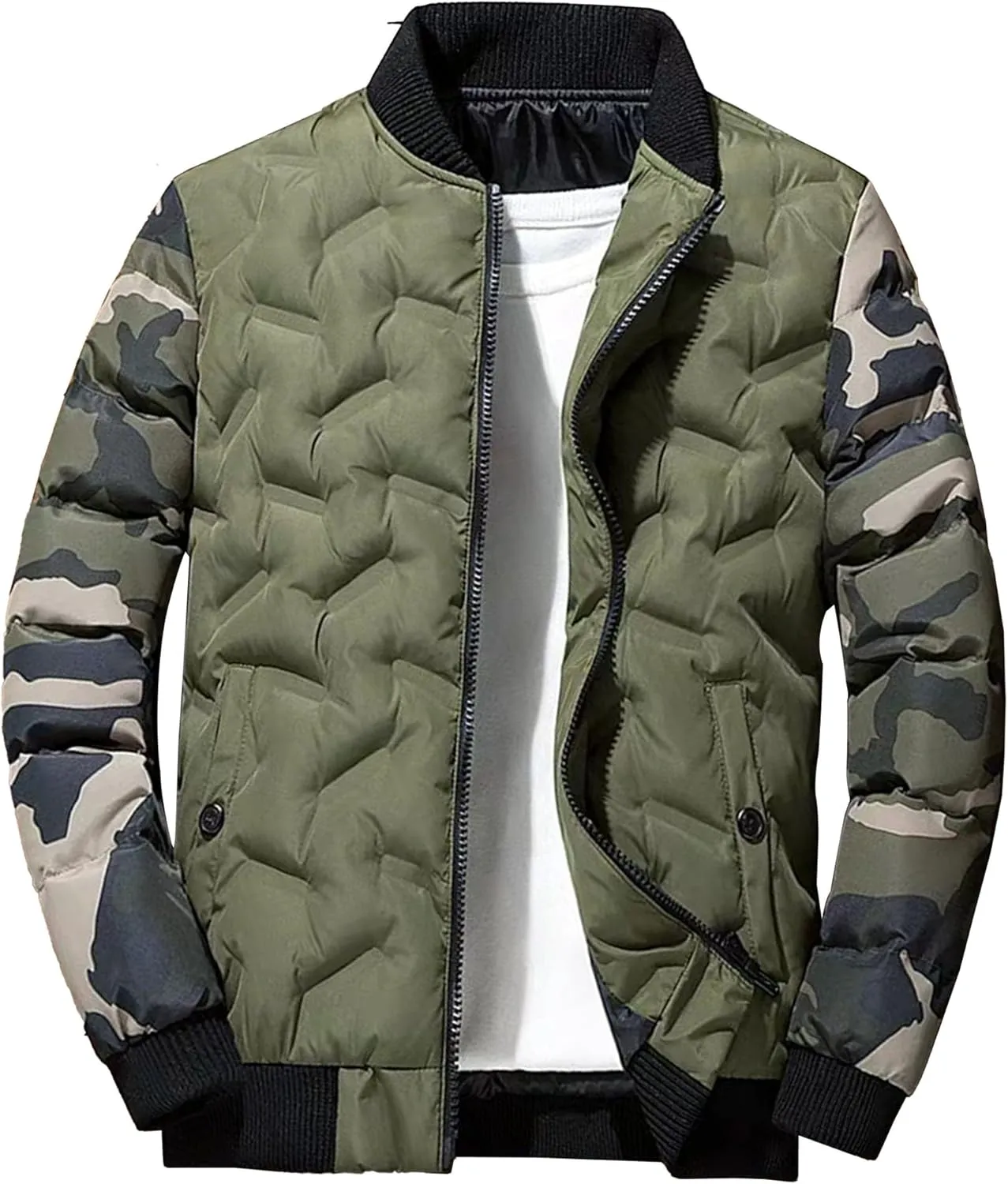 Men's Camo Quilted Bomber Jacket Winter Rib Varsity Baseball Jacket Lightweight Windproof Warm Padded Coats