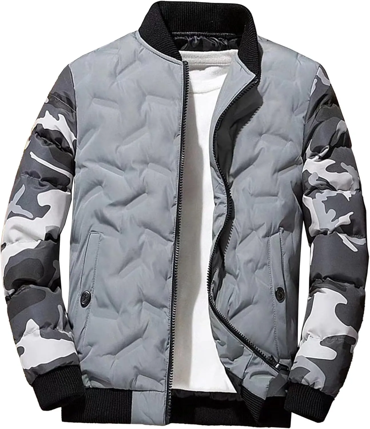Men's Camo Quilted Bomber Jacket Winter Rib Varsity Baseball Jacket Lightweight Windproof Warm Padded Coats