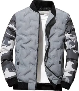 Men's Camo Quilted Bomber Jacket Winter Rib Varsity Baseball Jacket Lightweight Windproof Warm Padded Coats