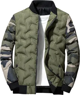 Men's Camo Quilted Bomber Jacket Winter Rib Varsity Baseball Jacket Lightweight Windproof Warm Padded Coats