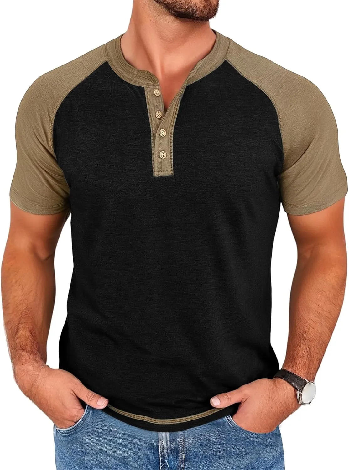 Mens Henley Raglan Short Sleeve T-Shirt Casual Slim Fit Jersey Baseball T Shirts Workout Gym Golf Henley Tee Tops