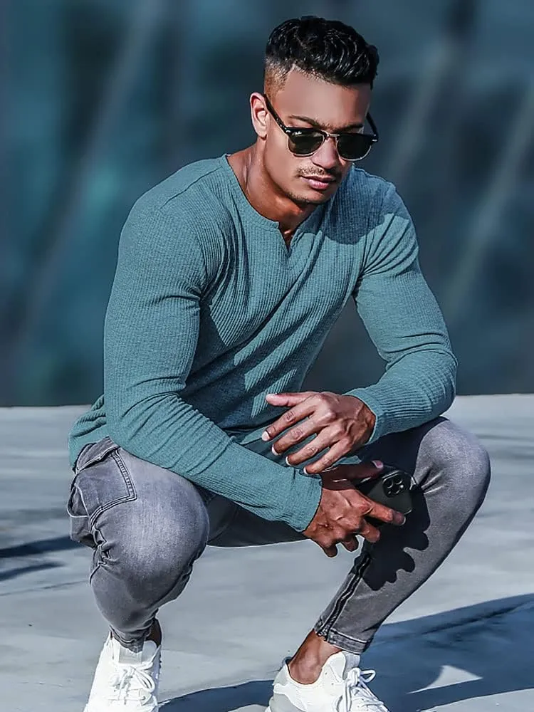 Muscle Cmdr Men's Henley Long&Short Sleeve T-Shirt Slim Fit V Neck Shirts Stretch Tee Casual Underwear Athletic Medium Weight