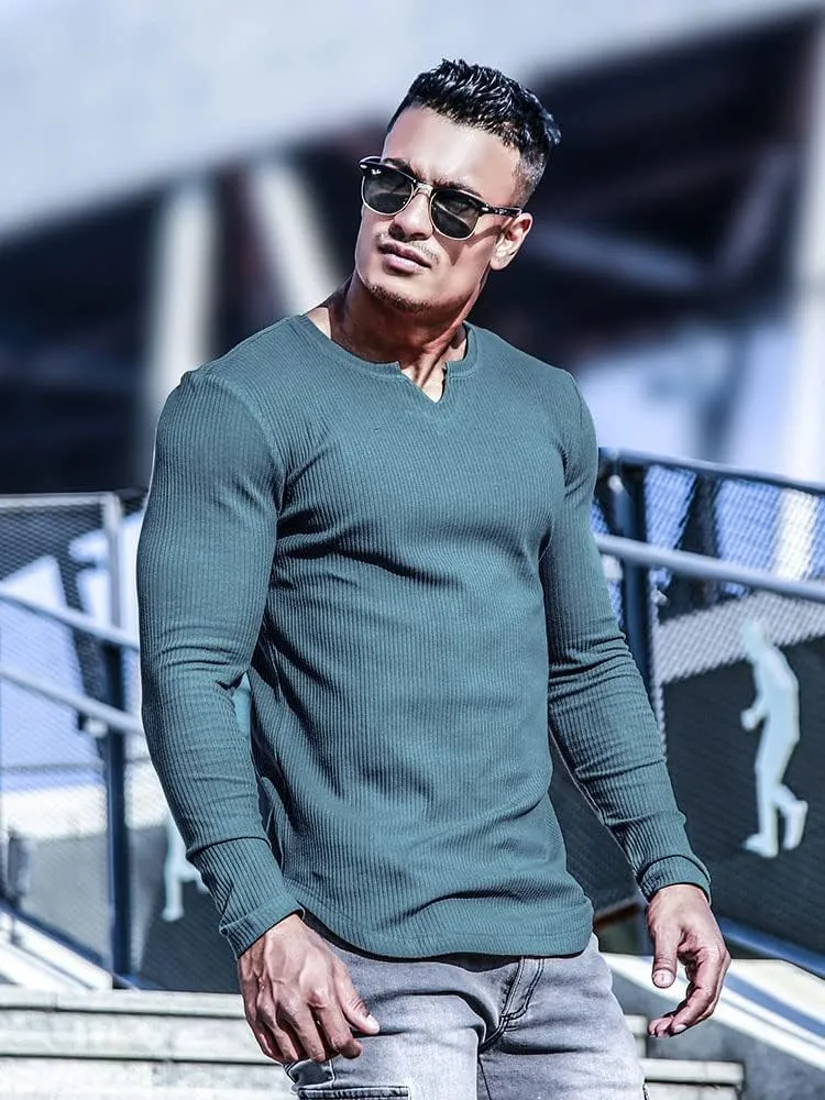 Muscle Cmdr Men's Henley Long&Short Sleeve T-Shirt Slim Fit V Neck Shirts Stretch Tee Casual Underwear Athletic Medium Weight