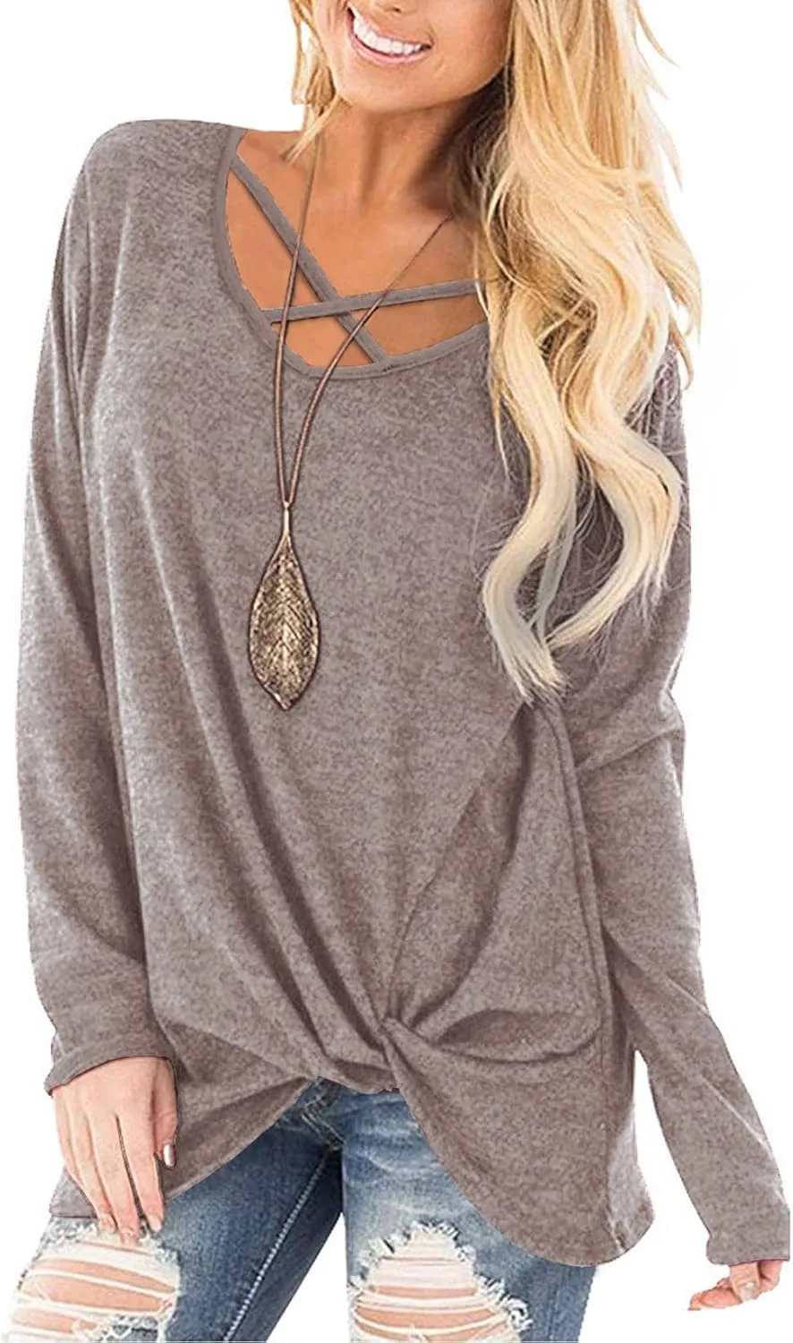 NIASHOT Womens Long Sleeves Tops V Neck Casual Fall Sweaters Shirts