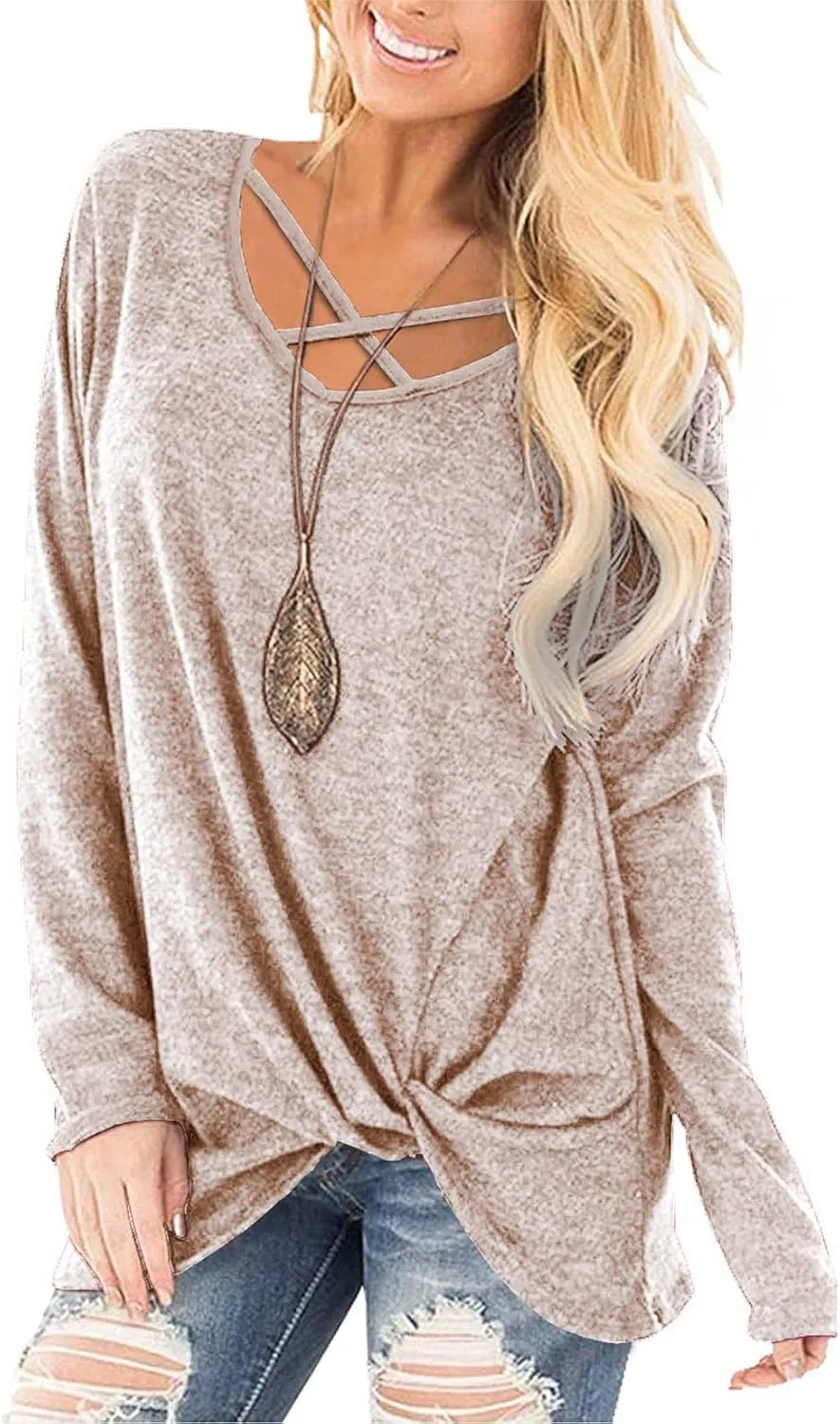 NIASHOT Womens Long Sleeves Tops V Neck Casual Fall Sweaters Shirts
