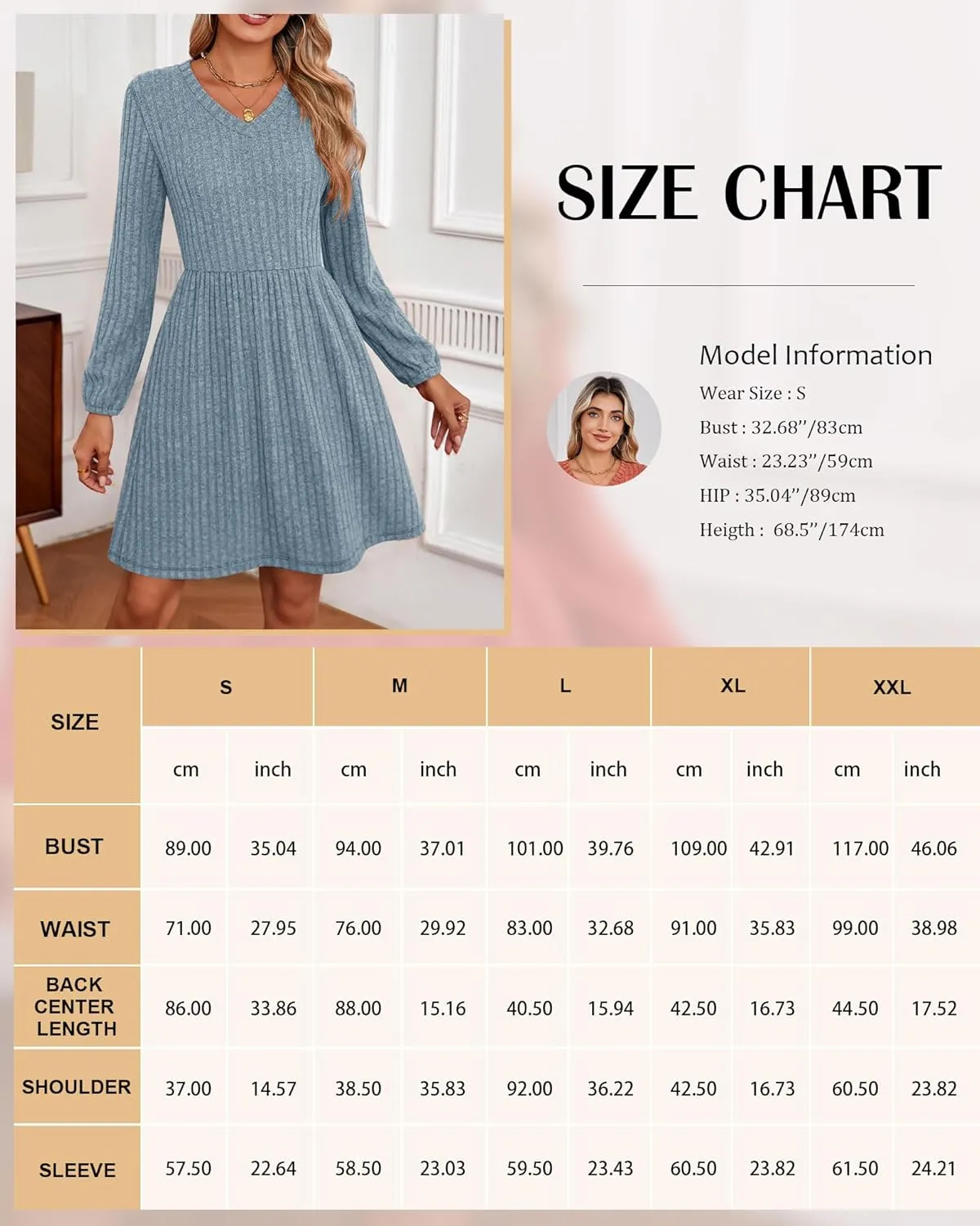 Riyiper Women's Dress with Pockets Winter Long Sleeve Sweater Dress V Neck Ribbed Knit Casual Tunic Swing Dress