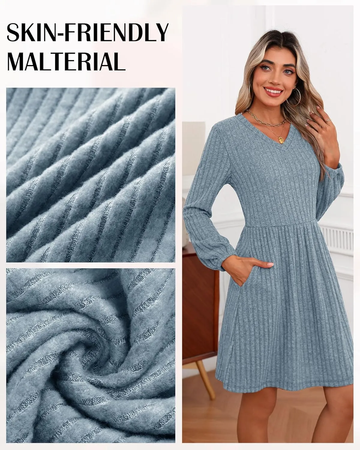 Riyiper Women's Dress with Pockets Winter Long Sleeve Sweater Dress V Neck Ribbed Knit Casual Tunic Swing Dress