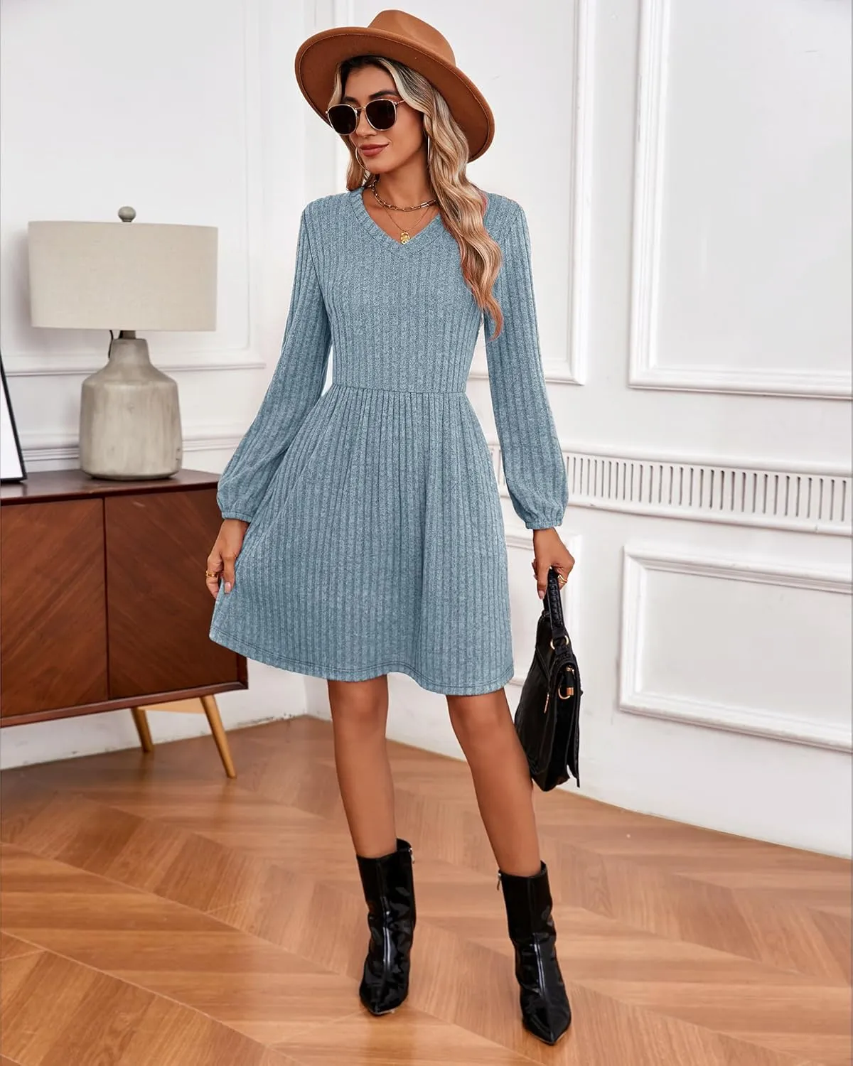 Riyiper Women's Dress with Pockets Winter Long Sleeve Sweater Dress V Neck Ribbed Knit Casual Tunic Swing Dress