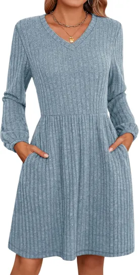 Riyiper Women's Dress with Pockets Winter Long Sleeve Sweater Dress V Neck Ribbed Knit Casual Tunic Swing Dress