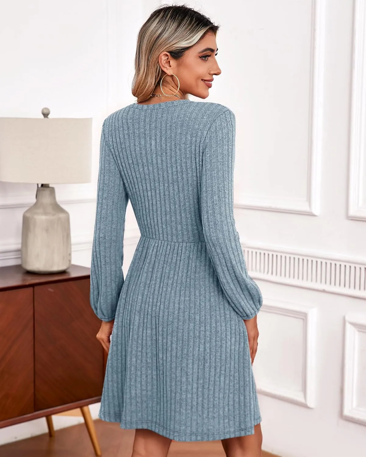 Riyiper Women's Dress with Pockets Winter Long Sleeve Sweater Dress V Neck Ribbed Knit Casual Tunic Swing Dress