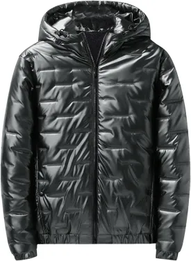 Saohuo Mens Shiny Down Coat Fleece Lined Hood Winter Thicken Warmth Puffer Jacket Glossy Waterproof Parka Coat Outerwear
