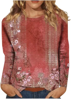 Shirts for Women Long Sleeve Crew Neck Tops Fall Tee Ladies Casual Loose Fit Printed Cute Basic Comfy Work Blouse