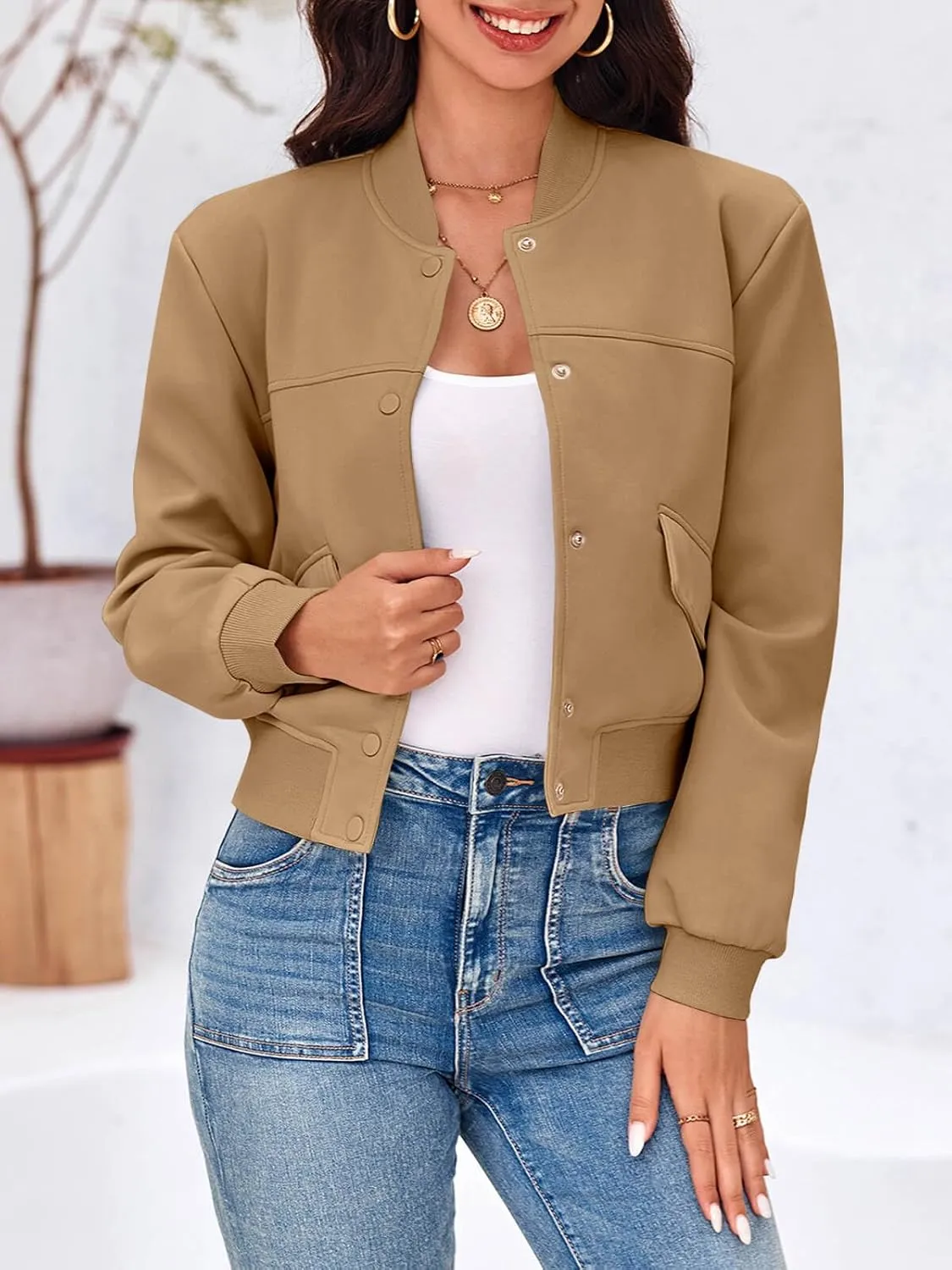 Tankaneo Womens Cropped Bomber Jackets Casual Button Down Long Sleeve Stand Collar Varsity Shacket Coats