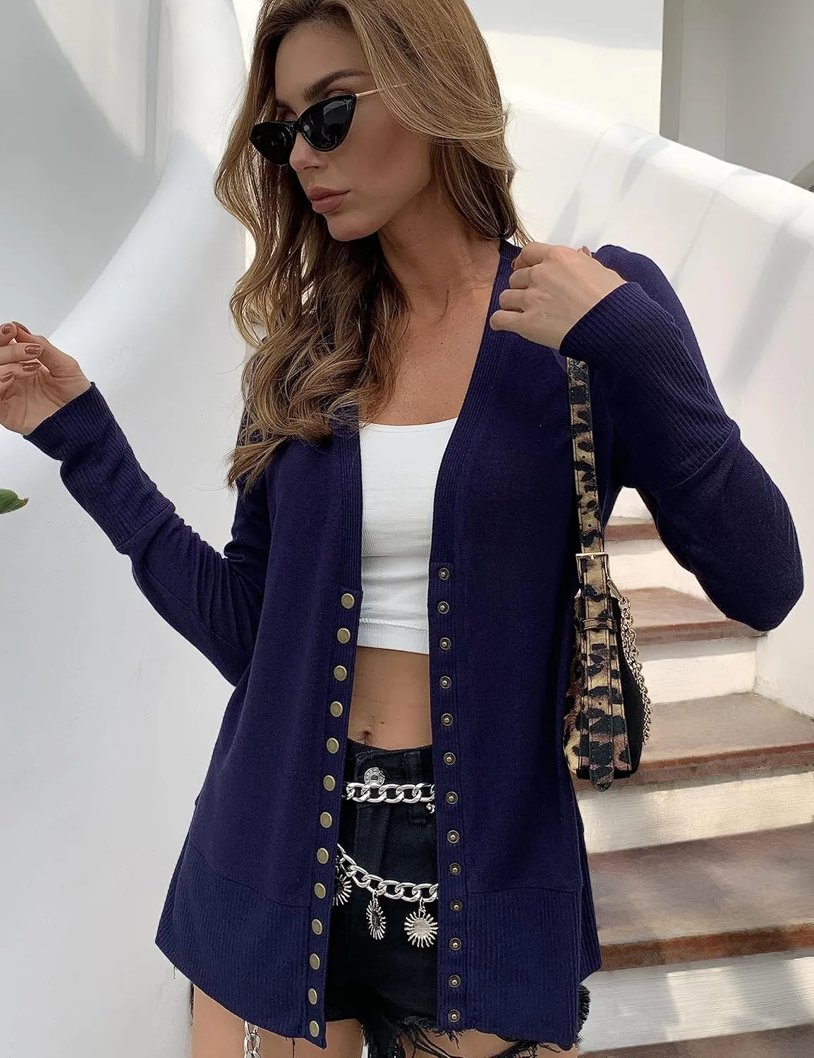 Traleubie Women's Long Sleeve V-Neck Button Down Knit Open Front Cardigan Sweater