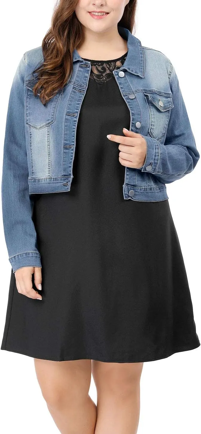 uxcell Women's Plus Size Button Closed Cropped Denim Jackets Stitching 2025