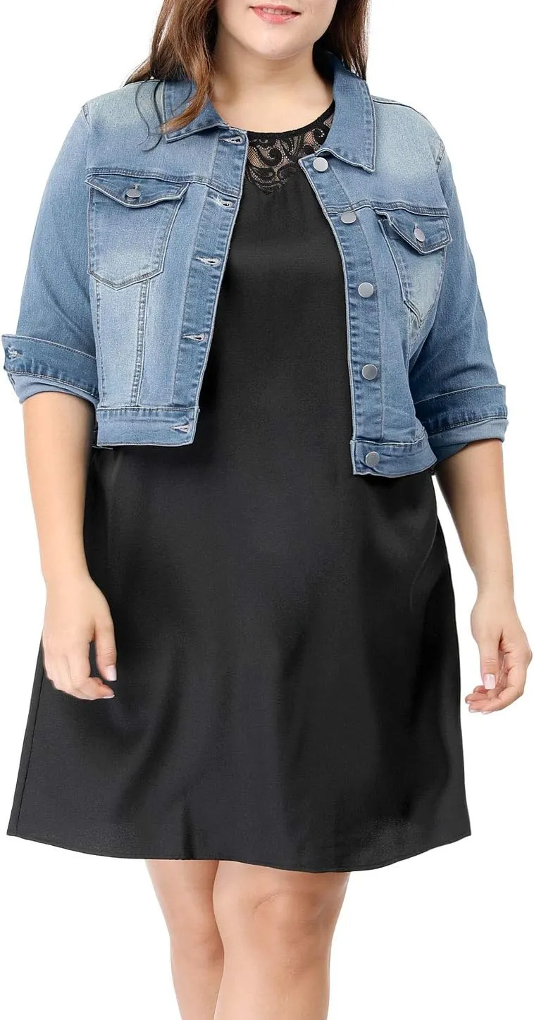 uxcell Women's Plus Size Button Closed Cropped Denim Jackets Stitching 2025
