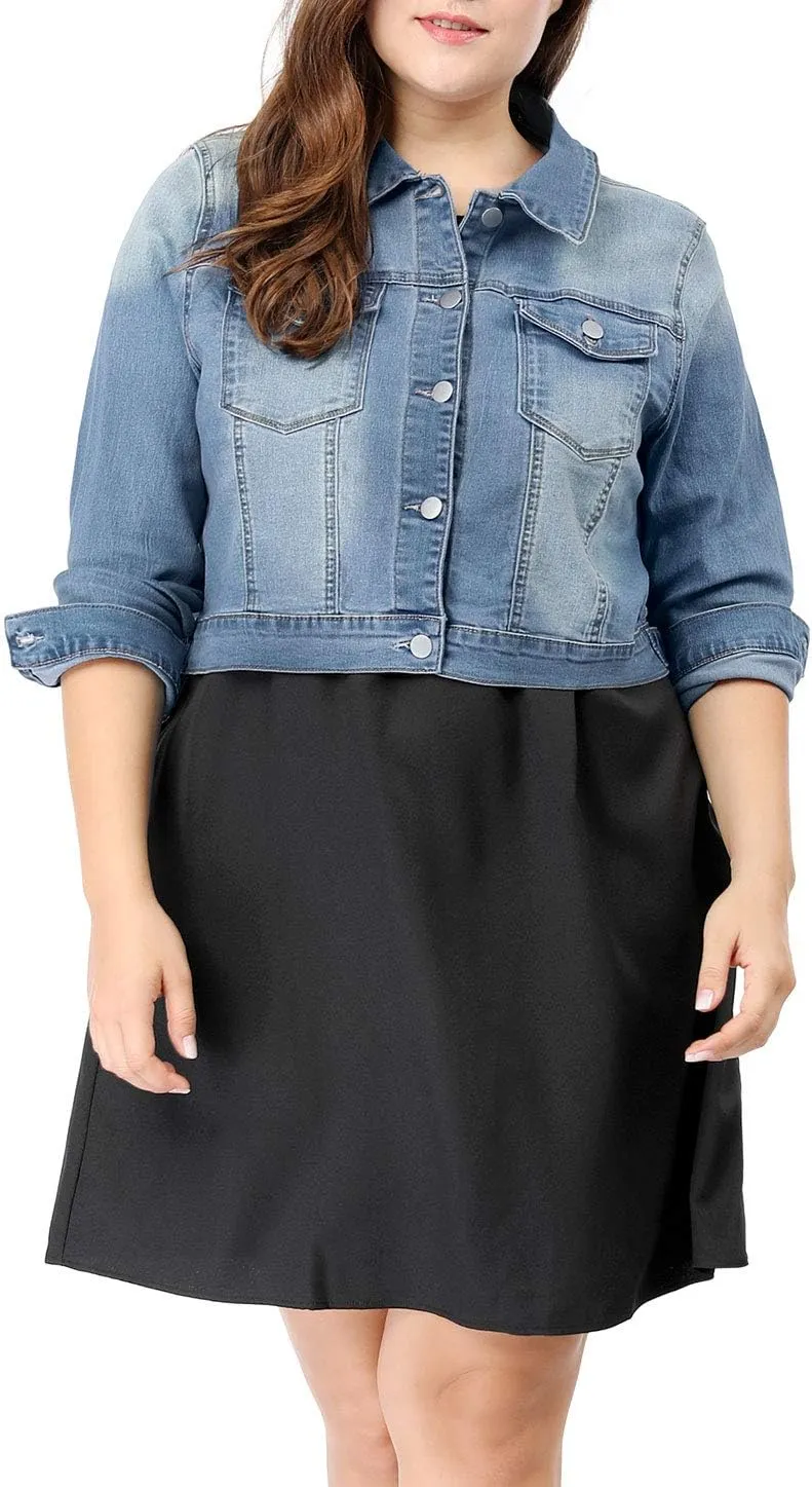 uxcell Women's Plus Size Button Closed Cropped Denim Jackets Stitching 2025