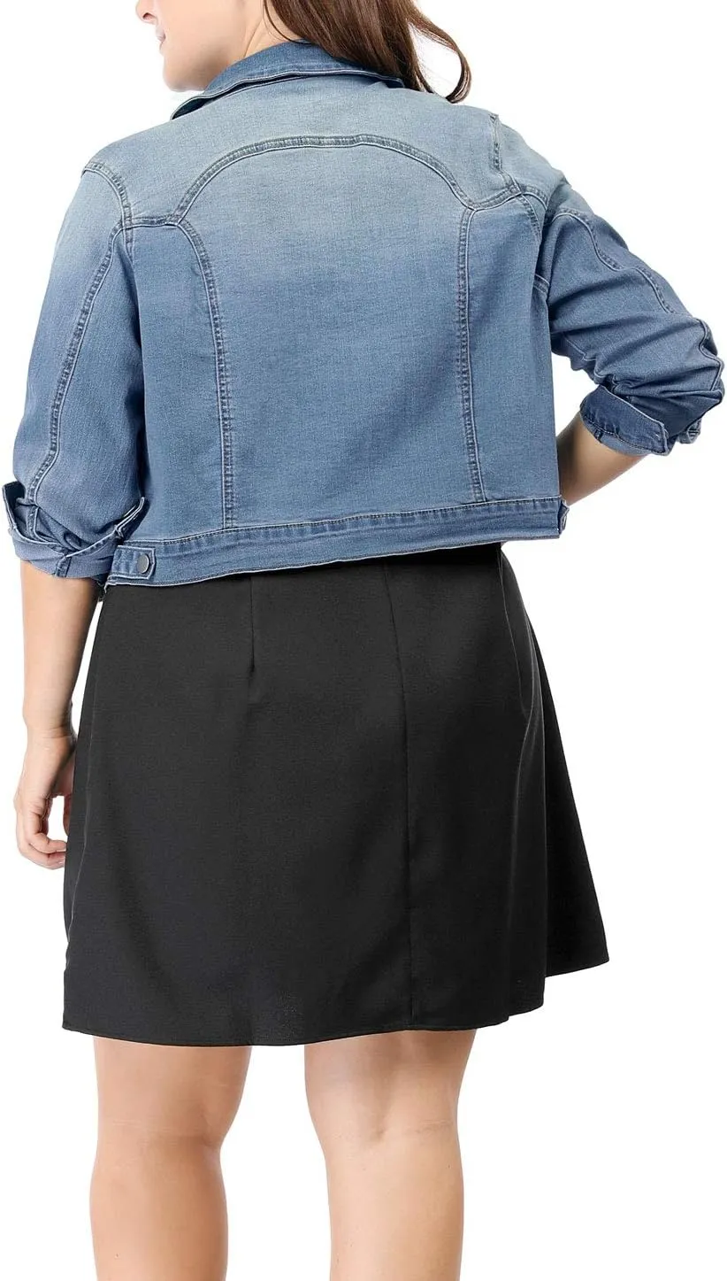 uxcell Women's Plus Size Button Closed Cropped Denim Jackets Stitching 2025