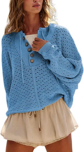 Women Oversized Knit Sweatshirt Hollow Long Sleeve Button Drawstring V Neck Pullover Sweaters