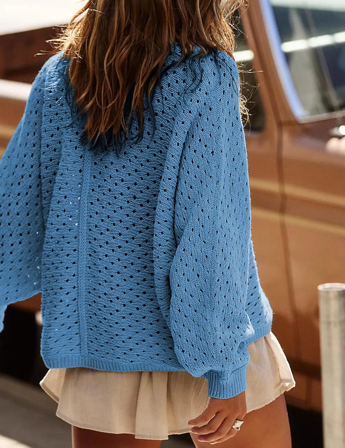 Women Oversized Knit Sweatshirt Hollow Long Sleeve Button Drawstring V Neck Pullover Sweaters