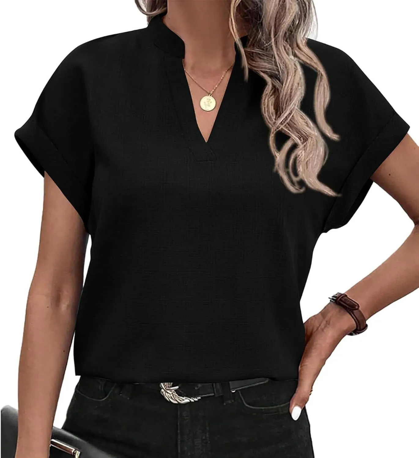 Women Summer Tops V Neck Short Sleeve T Shirts Loose Flowing Tunics Solid Color Casual Shirts Solid Flannel Shirt