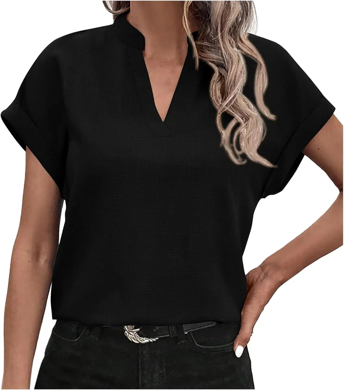 Women Summer Tops V Neck Short Sleeve T Shirts Loose Flowing Tunics Solid Color Casual Shirts Solid Flannel Shirt
