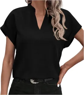 Women Summer Tops V Neck Short Sleeve T Shirts Loose Flowing Tunics Solid Color Casual Shirts Solid Flannel Shirt