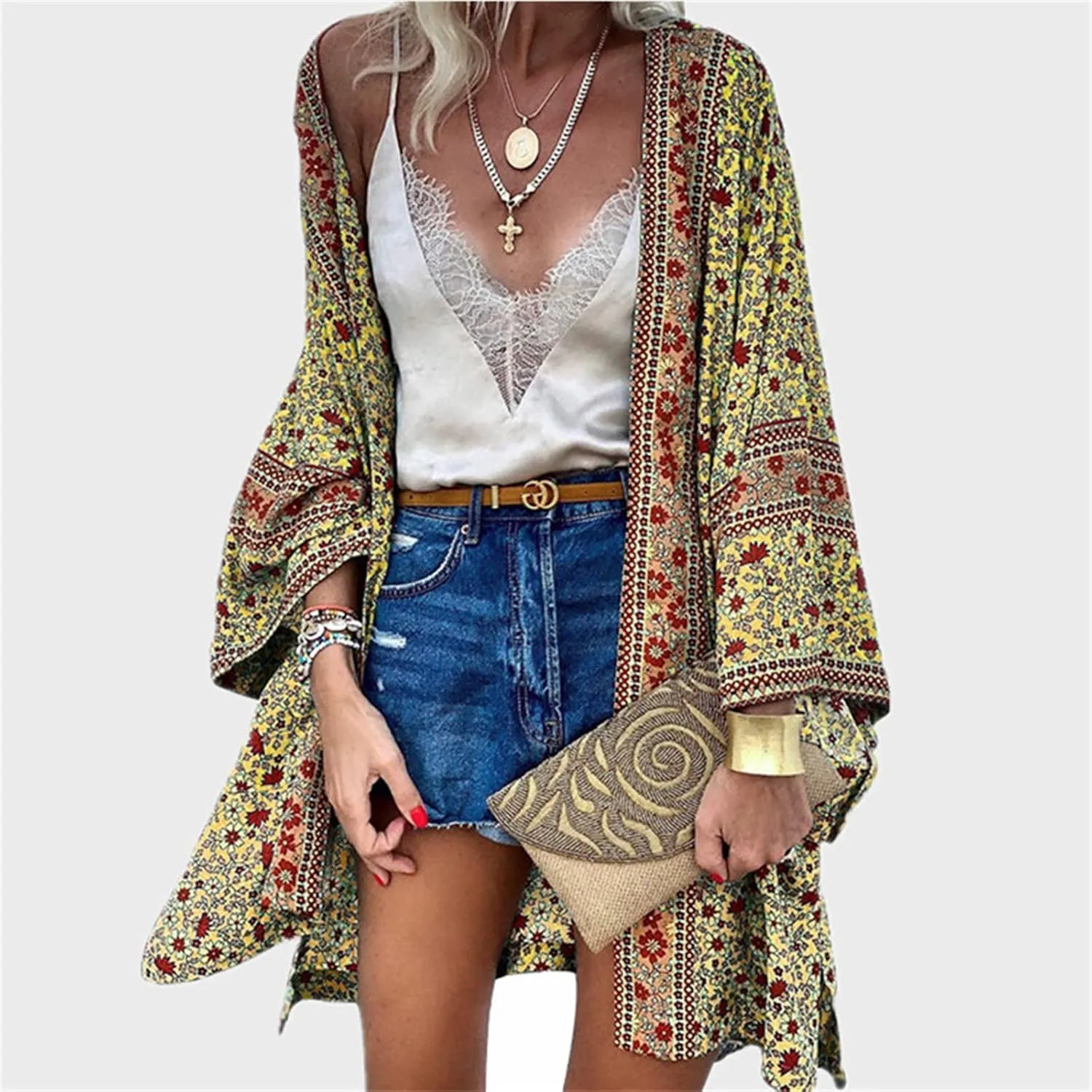 Women's Boho Tassel Open Front Long Sleeve Cardigan Sweaters Floral Print Stripe Blouses with Pockets