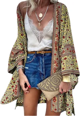 Women's Boho Tassel Open Front Long Sleeve Cardigan Sweaters Floral Print Stripe Blouses with Pockets