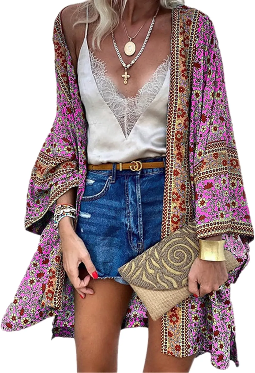 Women's Boho Tassel Open Front Long Sleeve Cardigan Sweaters Floral Print Stripe Blouses with Pockets