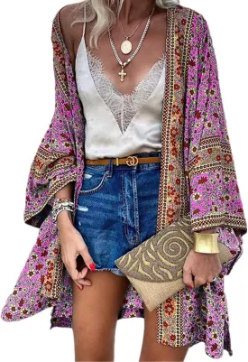Women's Boho Tassel Open Front Long Sleeve Cardigan Sweaters Floral Print Stripe Blouses with Pockets